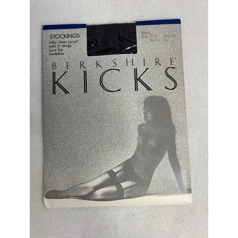 Vintage 80s Berkshire Women Size CD‎ Black Kicks Lace Top Silky Sheer Stockings
